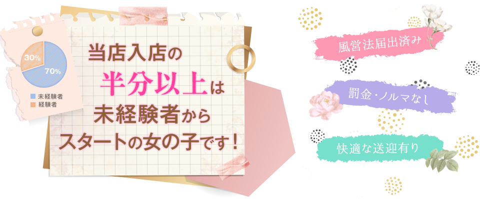 当店入店の半分以上は未経験者からスタートの女の子です!風営法届出済み・罰金ノルマなし・快適な送迎あり